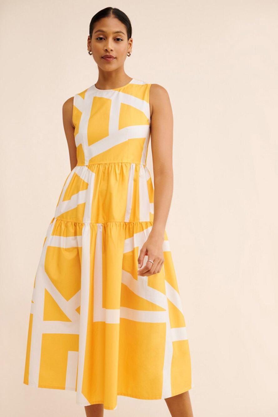 JAKKE Julia Yellow Geometric Print Cotton Midi Dress XS Extra Small